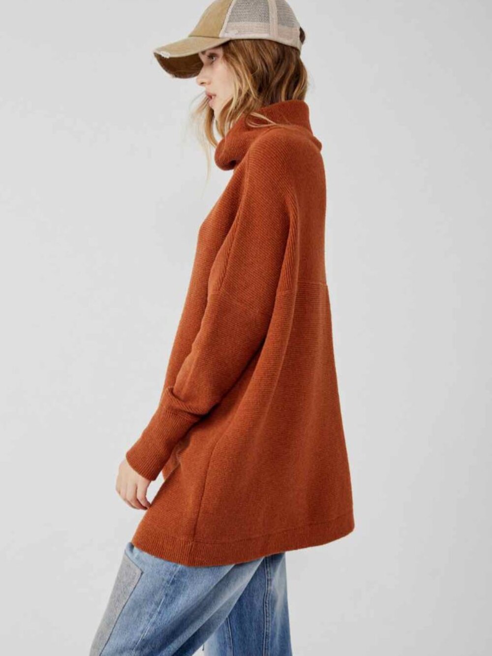 Free People Ottoman Slouchy Rust Orange Ribbed Cowl Neck Tunic XS